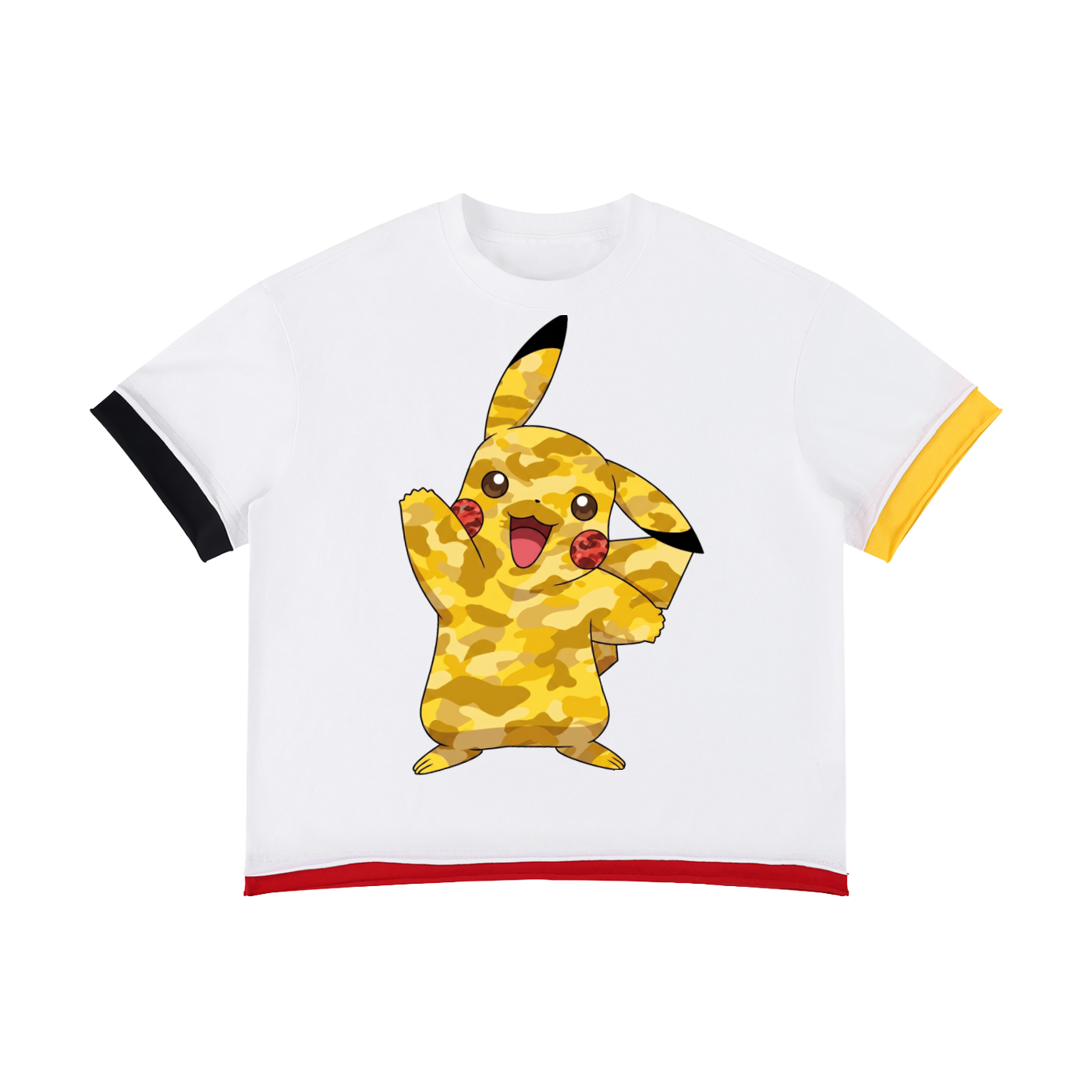 Camo Pikachu Boxy Color Block Graphic T-Shirt – Oversized White Multi-Color Streetwear Tee